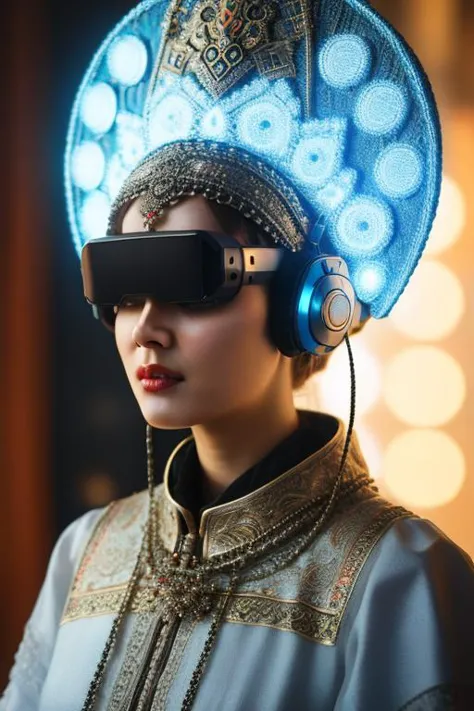 a woman wearing a blue headpiece and headphones with a blue light on her head