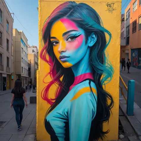 graffiti art of a woman with colorful hair and blue eyes