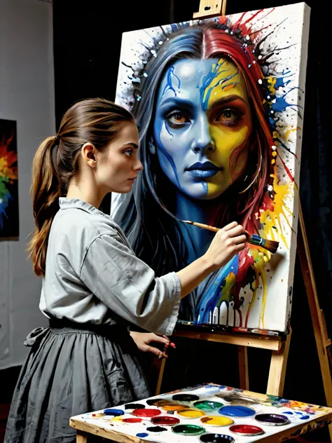 painting of a woman with blue face and red hair