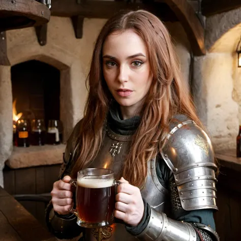 arafed woman in armor holding a beer in a bar