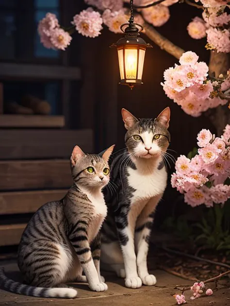 there are two cats sitting under a tree with pink flowers