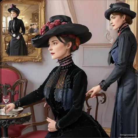 two women in victorian dress and hats are sitting at a table