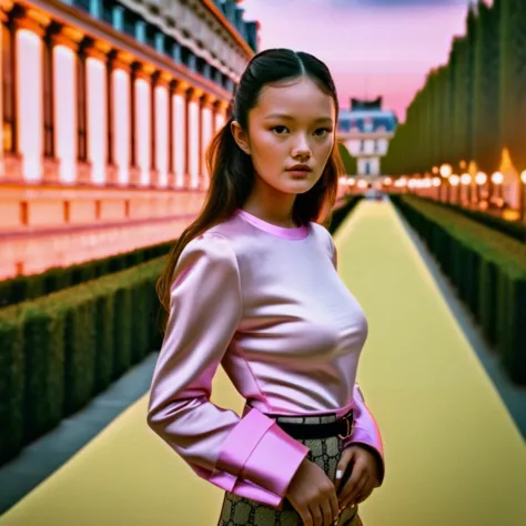 arafed image of a woman in a pink top and skirt standing in front of a building