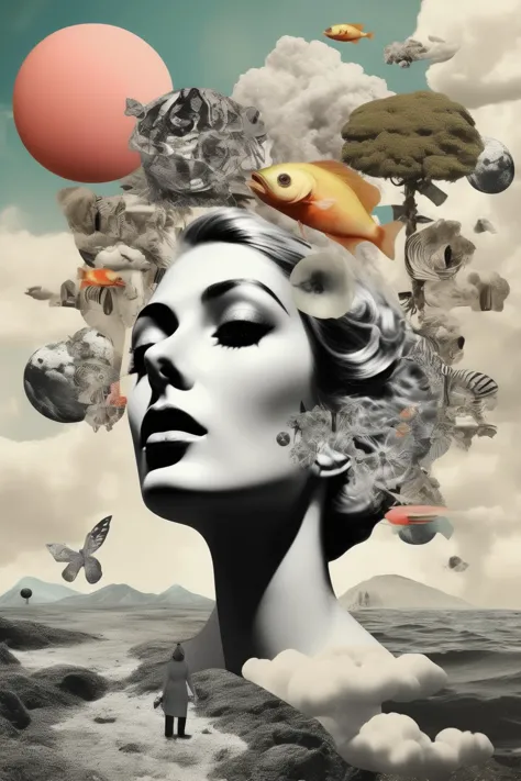 a woman with a fish on her head and a lot of clouds