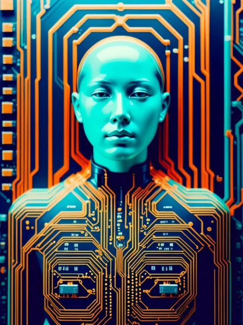 a woman in a futuristic suit with a blue face and orange and black electronic circuit