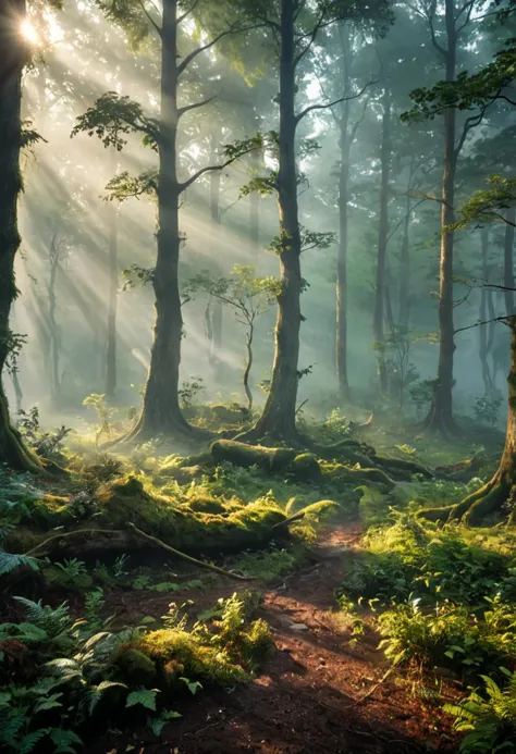 sunlight shining through the trees in a forest with moss