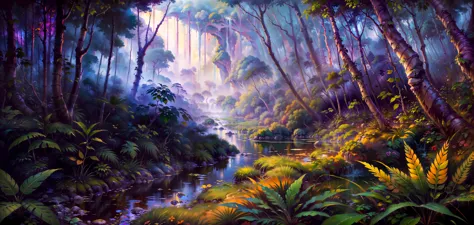 painting of a tropical forest with a stream and trees