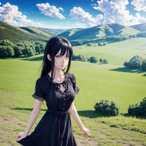 anime girl in black dress standing in a field with mountains in the background