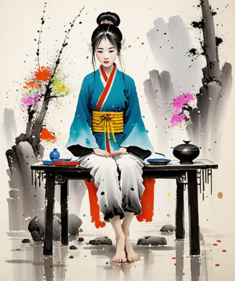 arafed woman in a blue kimono sitting on a table