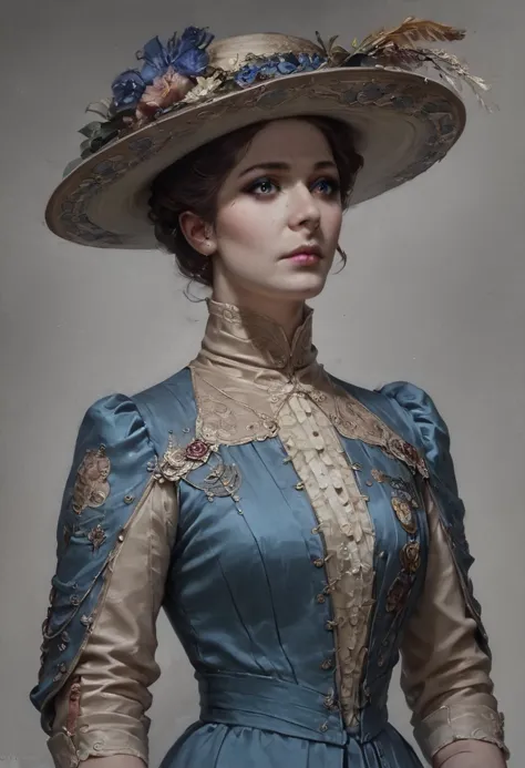 a woman in a blue dress and hat with a feathered hat