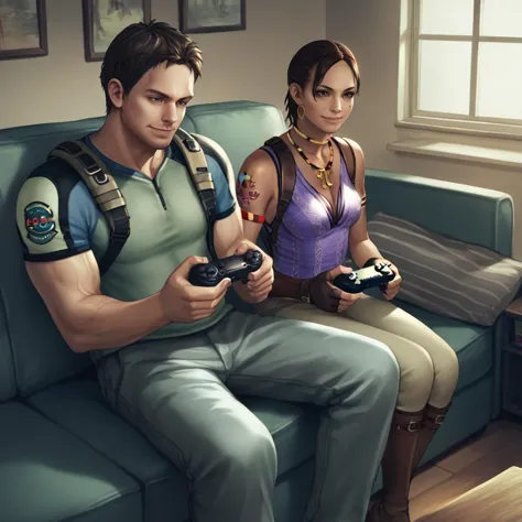 there are two people sitting on a couch playing video games