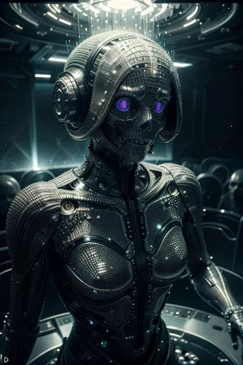 a close up of a robot with a futuristic head and a futuristic body