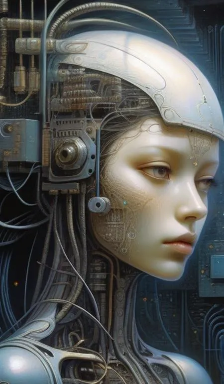 a close up of a woman with a robot head and a machine