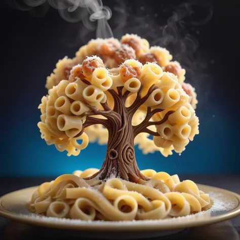 a close up of a plate of pasta with a tree on top