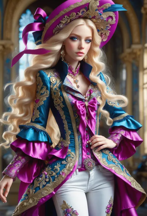 a close up of a doll wearing a purple and blue outfit