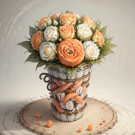 there is a vase with sushi rolls and roses in it