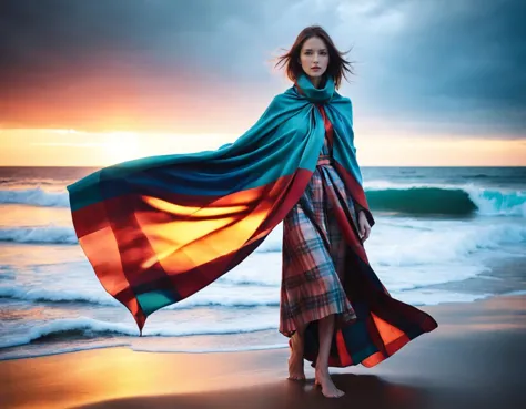 a woman standing on a beach with a blanket over her shoulders