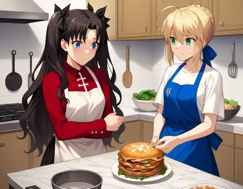 anime characters in a kitchen preparing a hamburger and a sandwich