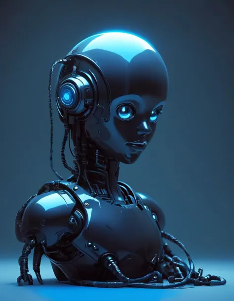 a robot with headphones sitting on a blue surface