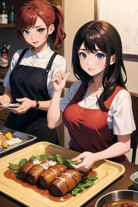 anime characters in a kitchen with a plate of food