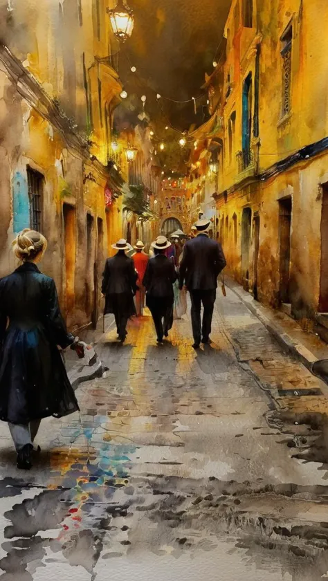 painting of a group of people walking down a street in a city