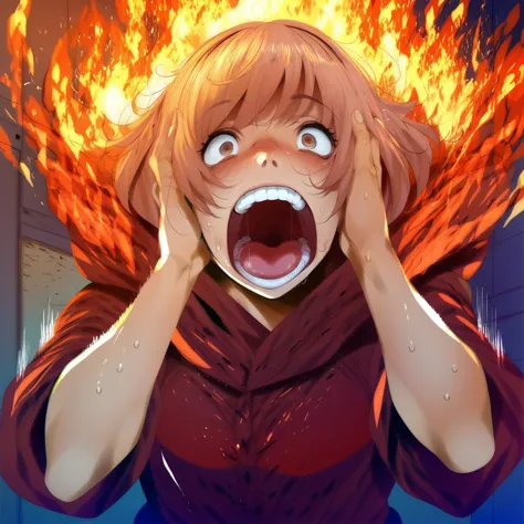 anime girl with a surprised expression on her face in front of a fire