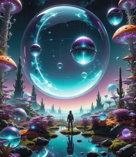 a man standing in front of a futuristic landscape with a giant bubble