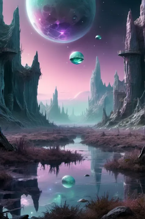 a painting of a futuristic landscape with a river and planets