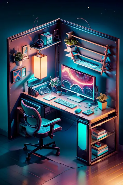 a close up of a desk with a computer and a chair