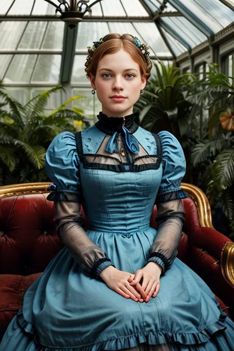 arafed woman in blue dress sitting on a red chair in a greenhouse