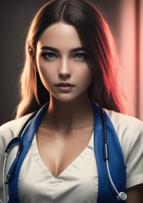 a woman with a stethoscope and a blue shirt