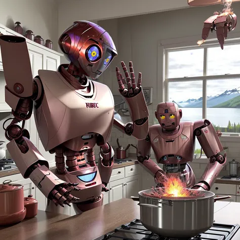 robots in a kitchen with a pot of food on the stove