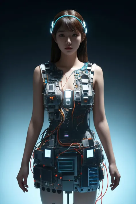 a woman in a futuristic dress with headphones and wires