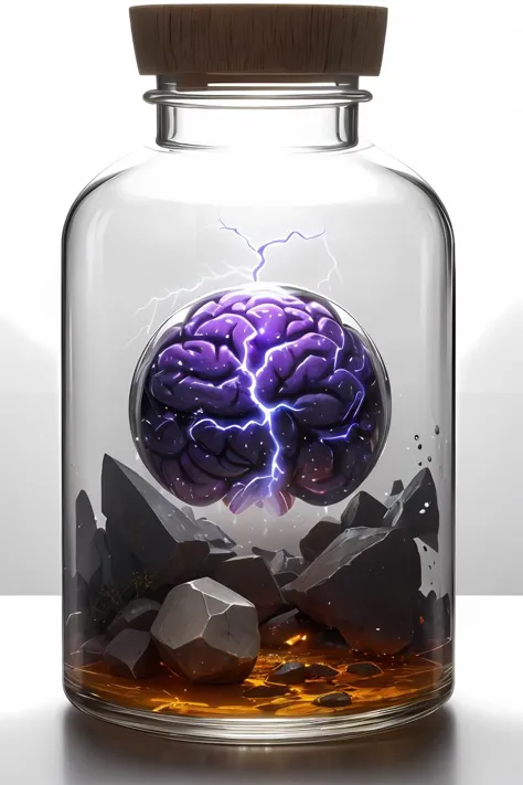 a close up of a glass jar with a purple brain inside