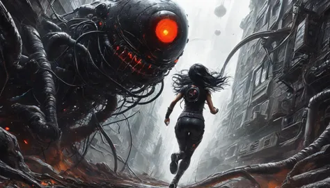 a woman running through a city with a giant robot in the background