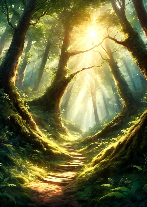 a painting of a path in the woods with a sunbeam