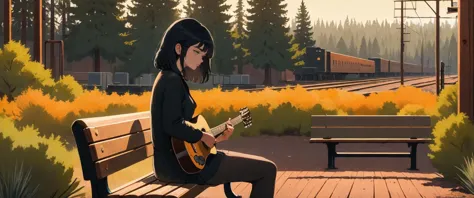 cinematic view of a girl with black hair playing a guitar, sitting on a park bench at a trainyard, pine trees in background, ore...