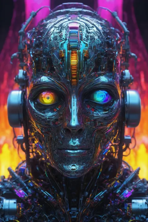 a close up of a robot with headphones on and glowing eyes