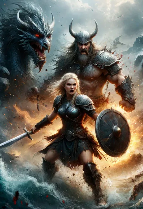 a woman in armor and a horned head is surrounded by a demon