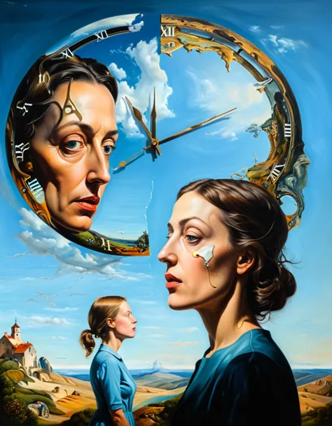 a painting of a woman looking at a clock with a face painted on it