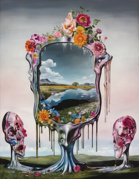 a painting of a mirror with flowers and a woman's face