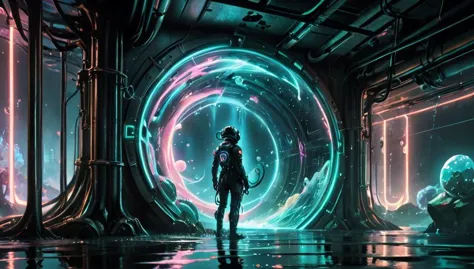 a man standing in a futuristic room with a neon tunnel