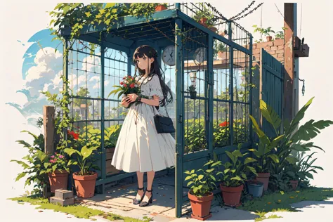 anime girl standing in front of a greenhouse with flowers