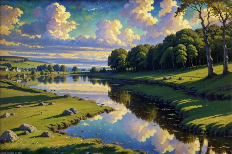 painting of a river with a sky and clouds reflecting in it