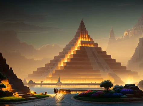 a painting of a man walking down a path in front of a pyramid