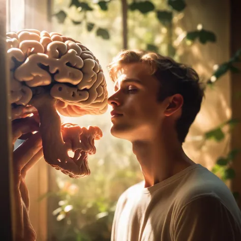 arafed man holding a brain model in front of his face