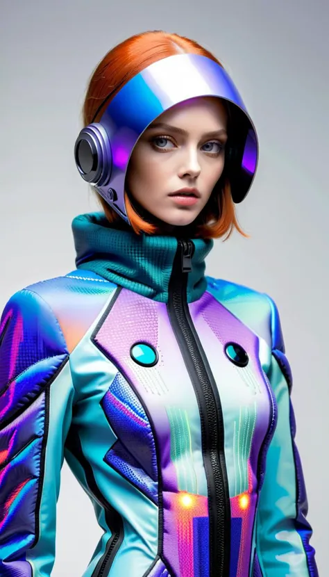 a woman in a futuristic suit with headphones on