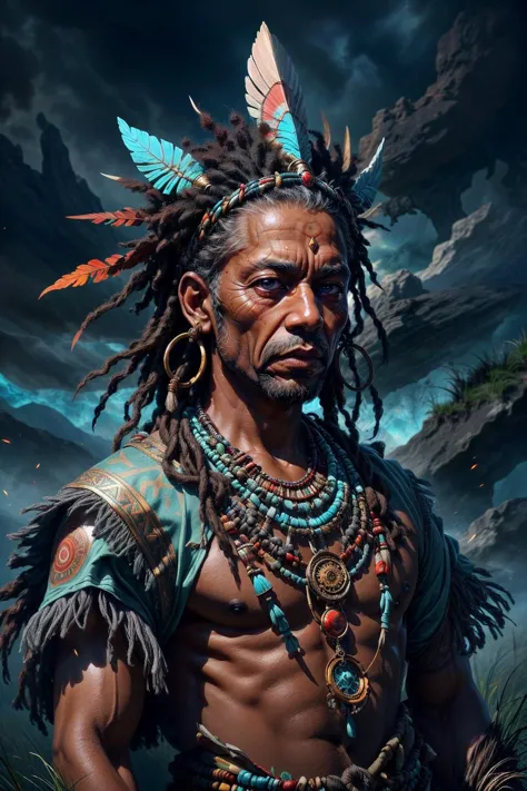 a man with dreadlocks and feathers standing in the grass