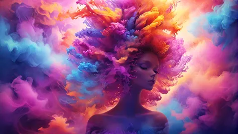 a woman with a colorful hair and a cloud of smoke