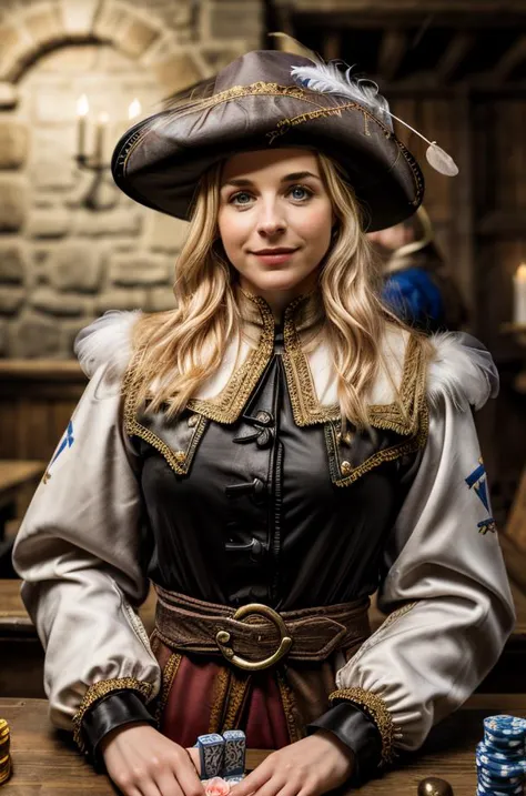 a woman in a pirate costume holding a card and a dice